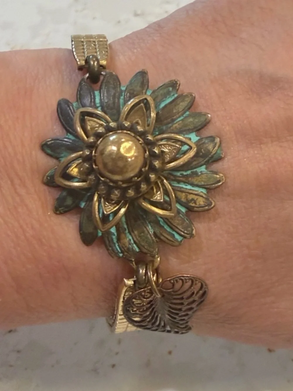 Antique Gold Floral Bracelet with Turquoise Patina Accents